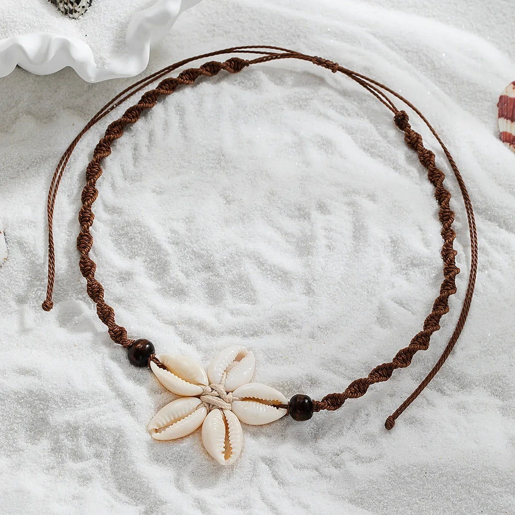 Boho Woven Shell Flower Pendant Necklace – Adjustable Beach Rope Chain