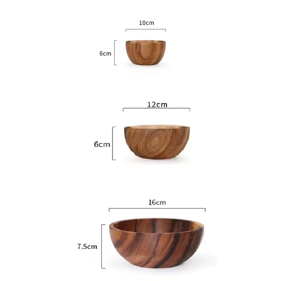 Solid Acacia Wood Bowl | Hand-Crafted Japanese-Style Wooden Salad & Serving Bowl