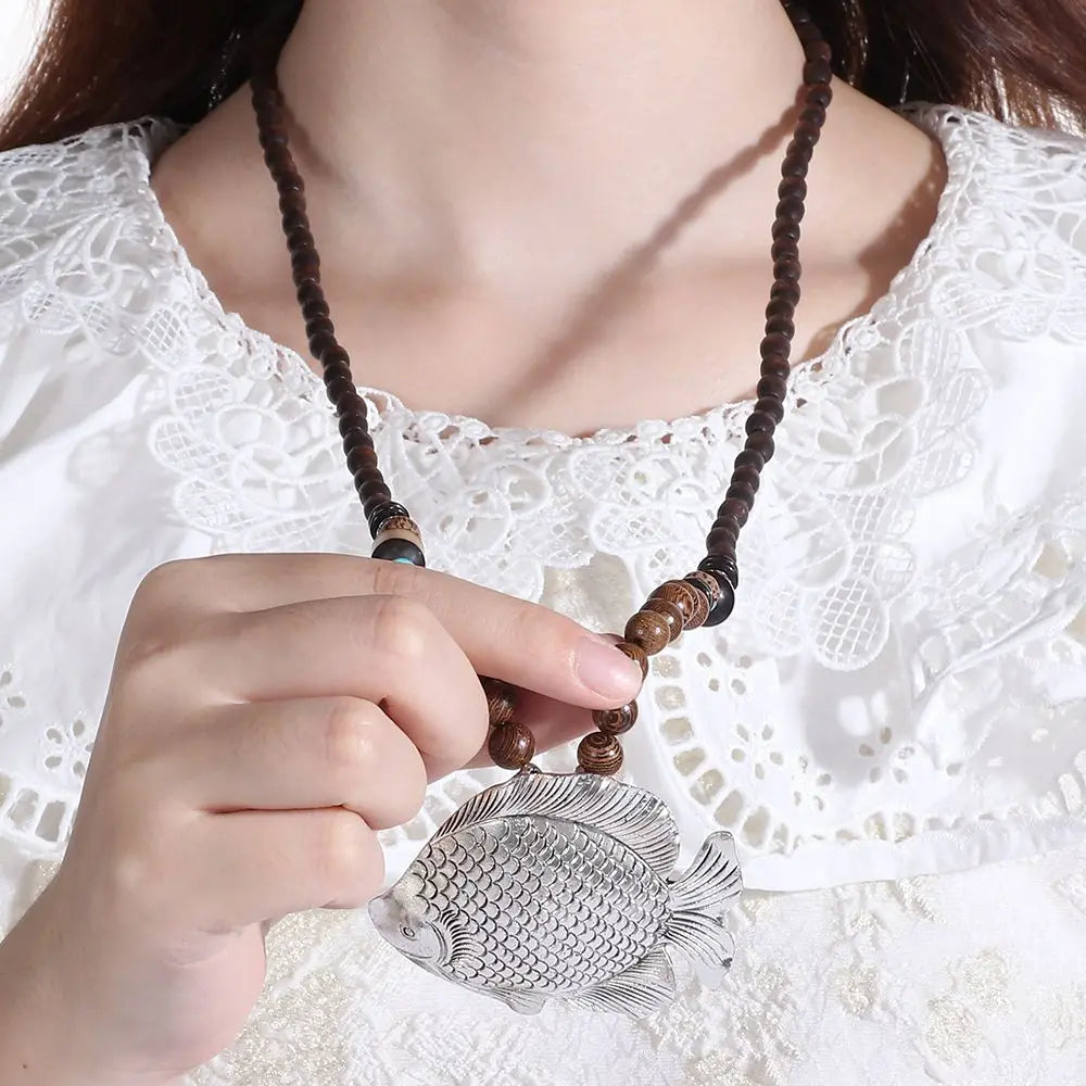 Boho Handmade Nepal Buddhist Mala Wood Bead Long Pendant Necklace – Unisex Ethnic Jewelry