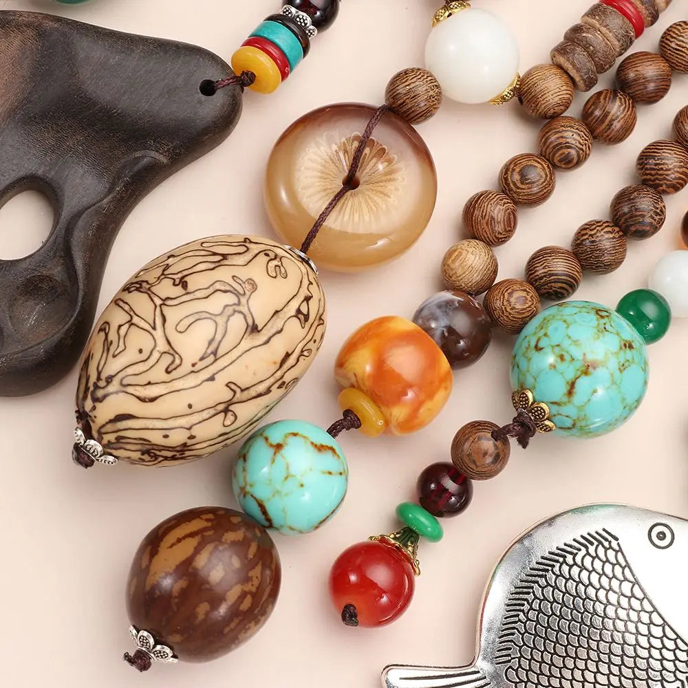 Boho Handmade Nepal Buddhist Mala Wood Bead Long Pendant Necklace – Unisex Ethnic Jewelry