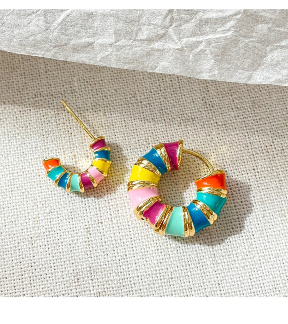 Boho Colorful Enamel Rainbow Hoop Earrings – Gold-Tone Charm Earrings for Women