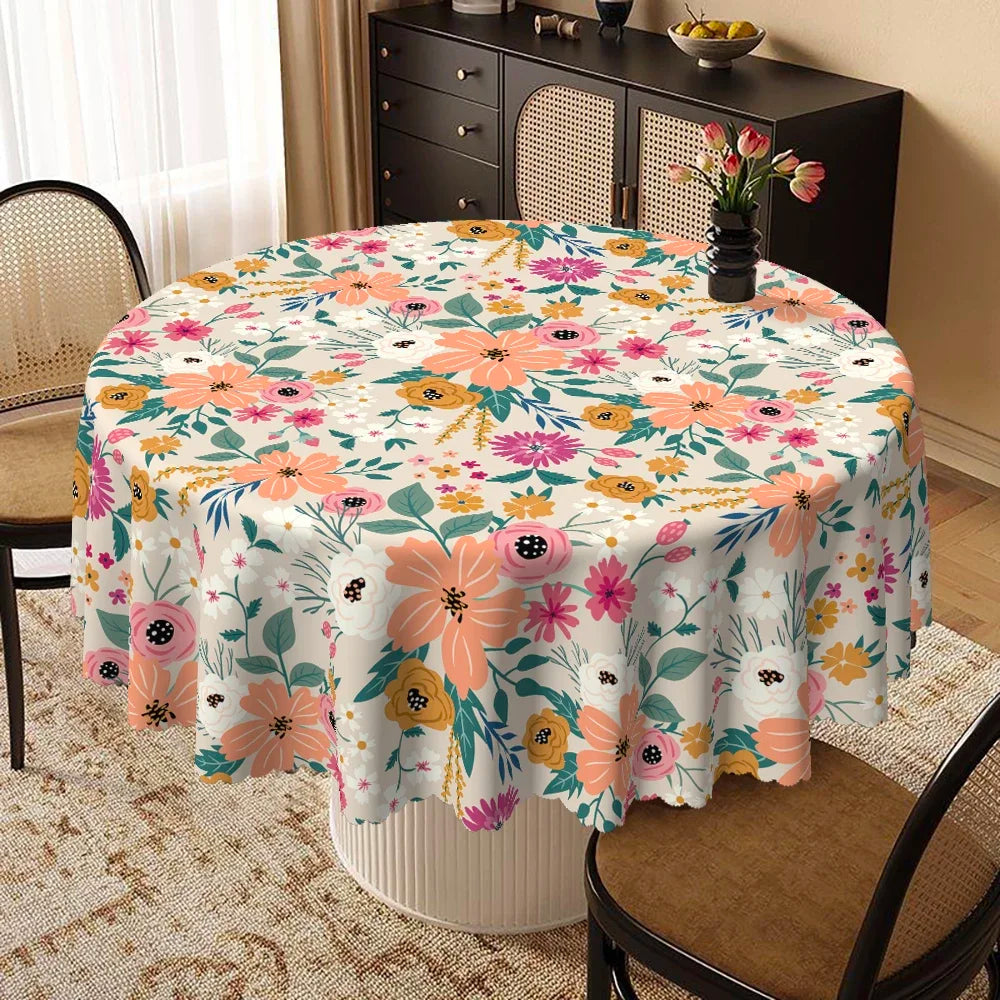Boho Floral Round Tablecloth | Colorful Flower & Leaf Print