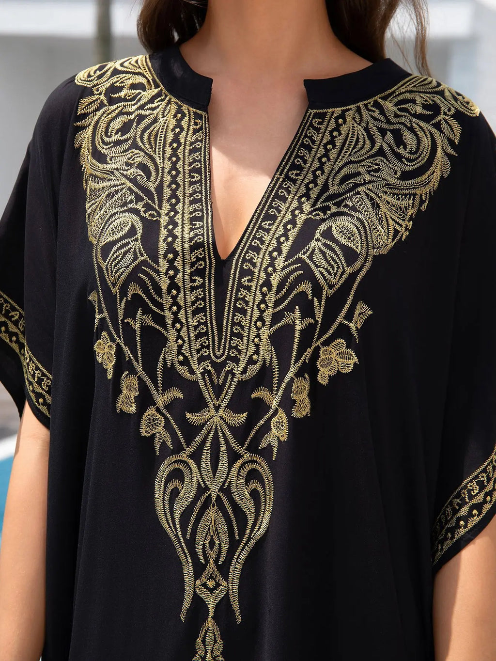 Boho Embroidered Batwing Sleeve Beach Cover-Up Dress – Loose A-Line V-Neck Summer Dress