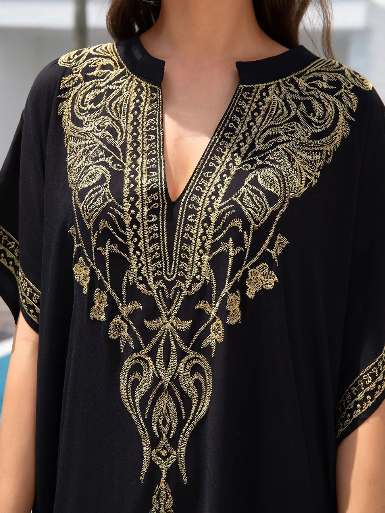 Boho Embroidered Batwing Sleeve Beach Cover-Up Dress – Loose A-Line V-Neck Summer Dress
