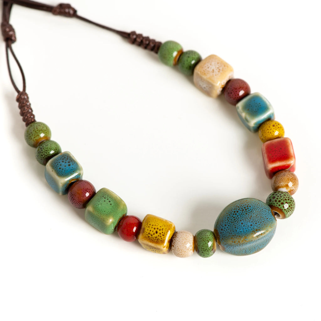 Boho Ceramic Beaded Long Pendant Necklace – Adjustable Handmade Ethnic Jewelry