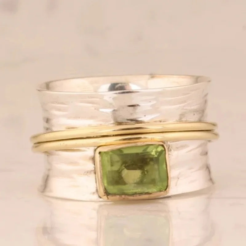 Boho Two-Tone Rectangular Green Cubic Zirconia Ring – Luxury Elegant Statement Ring