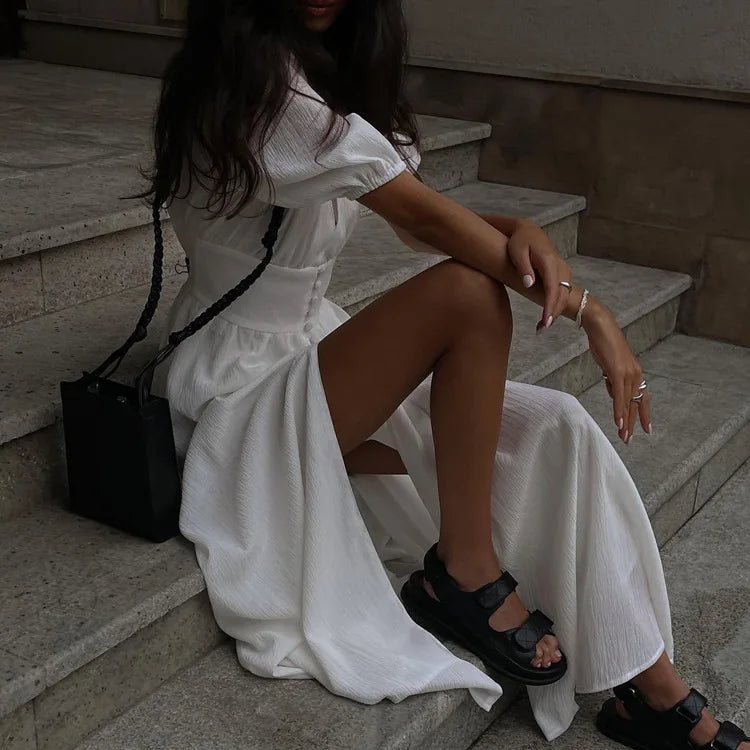 Deep V-Neck Empire Waist Maxi Dress | Boho Flying Sleeve
