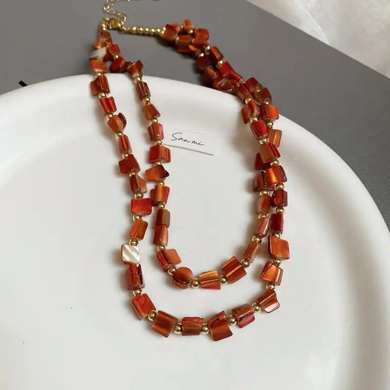 Boho Double-Layer Shell & Irregular Bead Long Necklace – Vintage Summer Jewelry