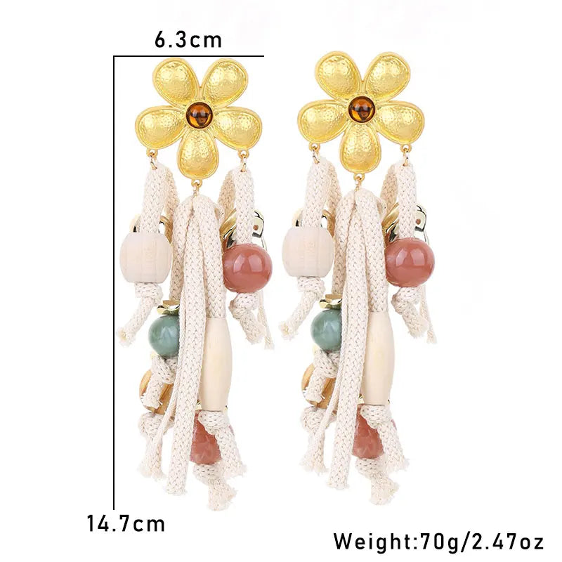 Boho Flower & Rope Dangle Earrings – Handmade Statement Jewelry