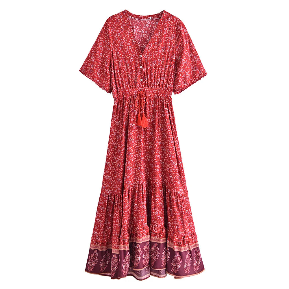 Boho Tassel Maxi Dress | Floral Print V-Neck Batwing Sleeve