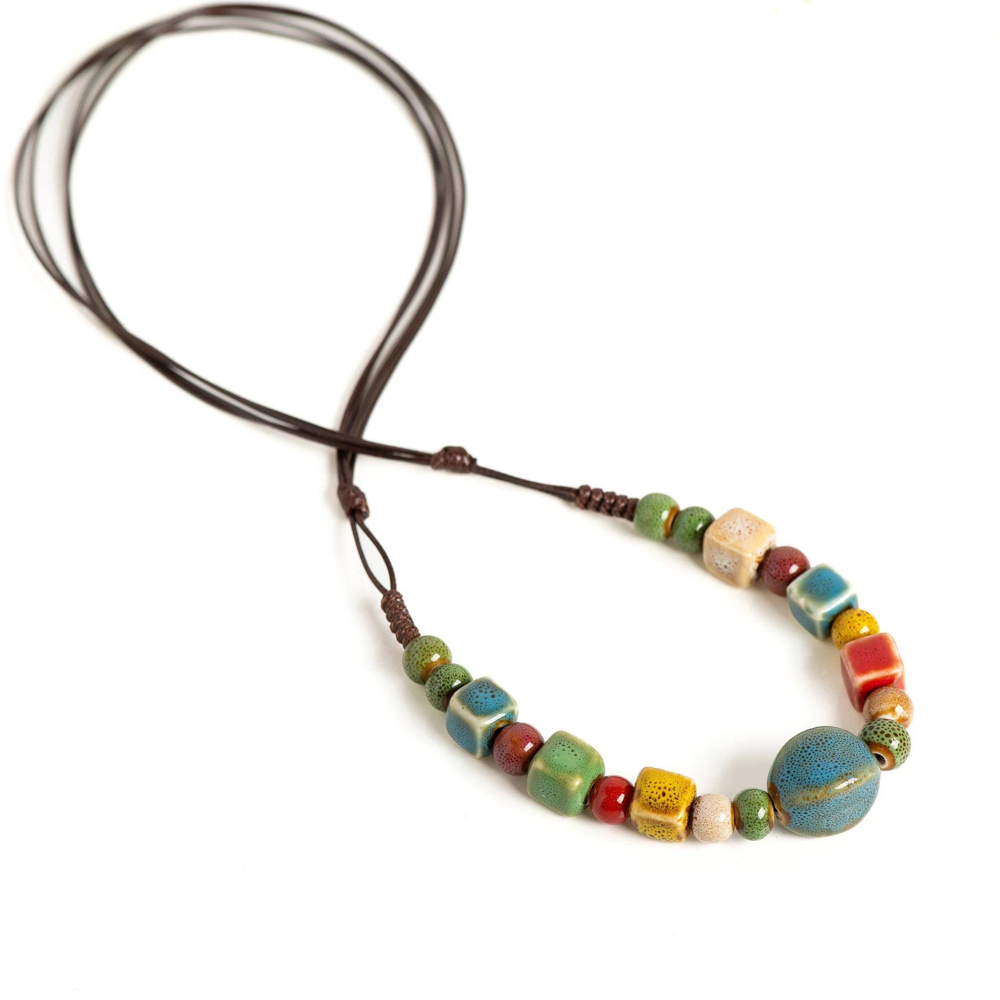 Boho Ceramic Beaded Long Pendant Necklace – Adjustable Handmade Ethnic Jewelry