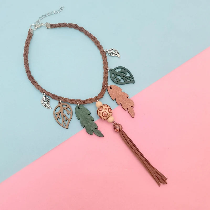 Boho Tassel & Leaf Pendant Choker Necklace – Ethnic Vintage Short Necklace