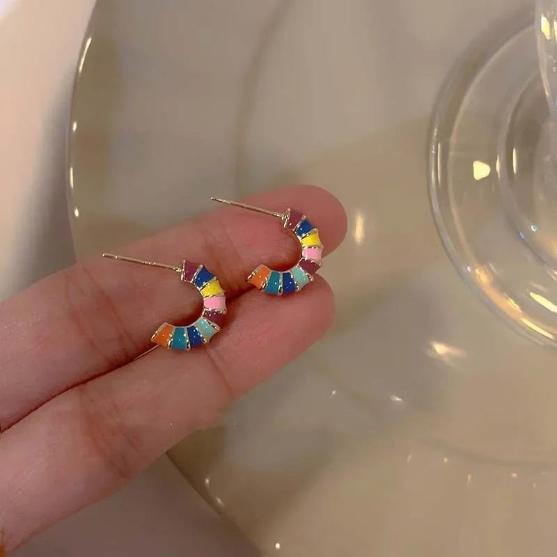 Boho Colorful Enamel Rainbow Hoop Earrings – Gold-Tone Charm Earrings for Women