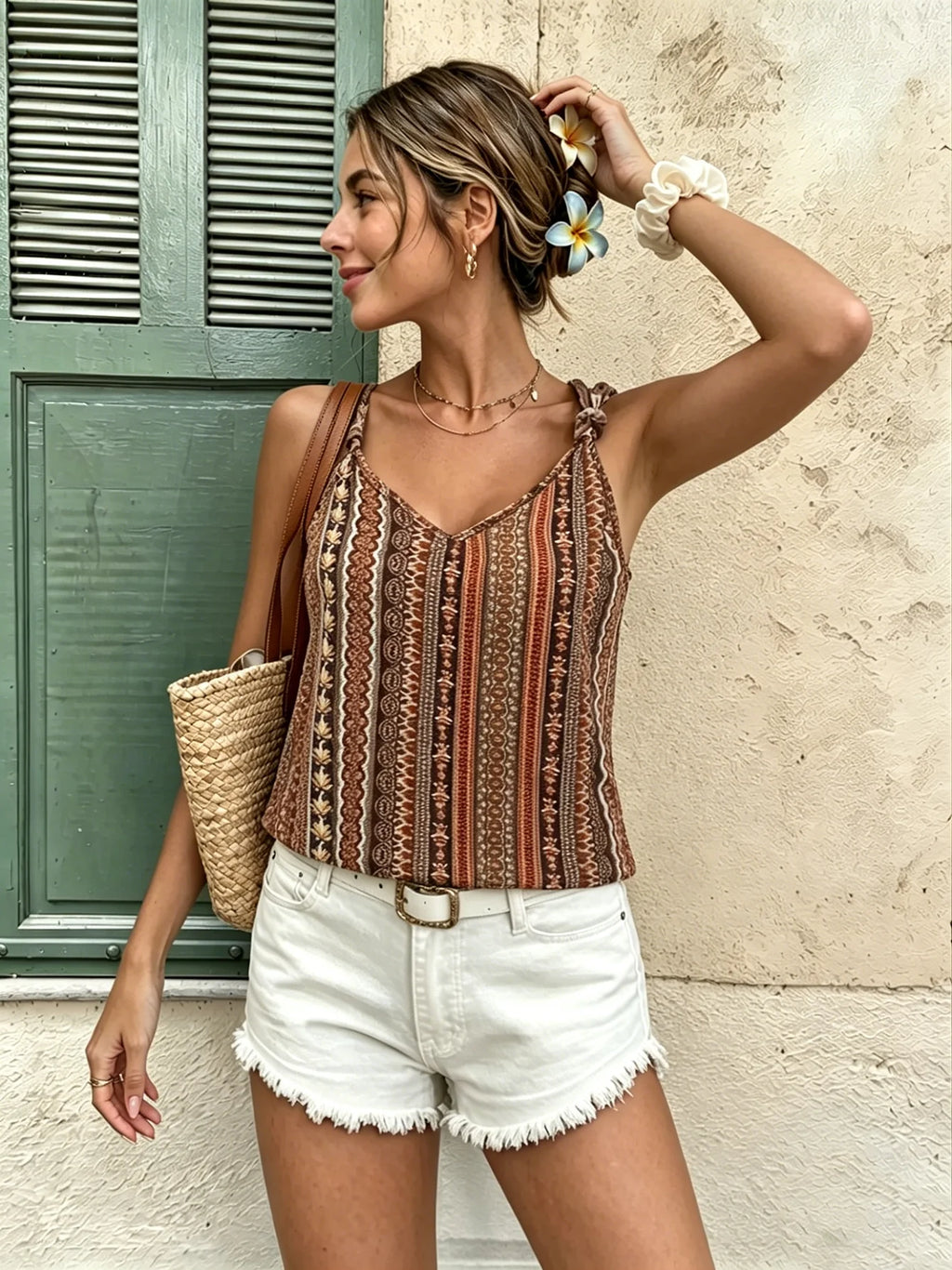 Boho Tribal Stripe Cami Top | V-Neck Knot Strap Sleeveless Tank