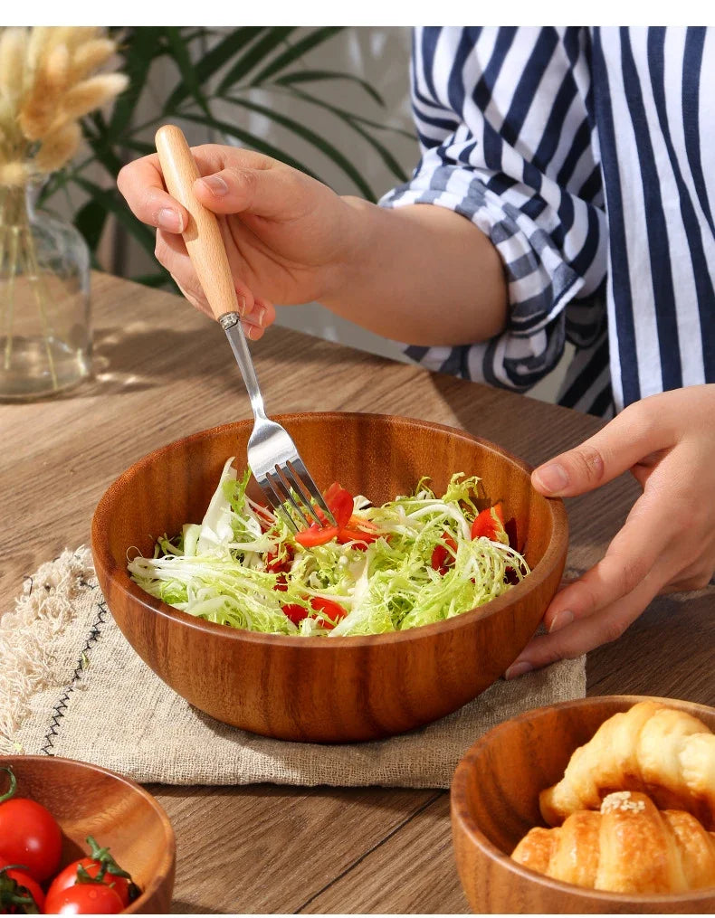 Solid Acacia Wood Bowl | Hand-Crafted Japanese-Style Wooden Salad & Serving Bowl