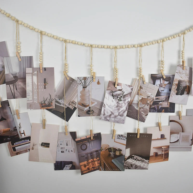 Boho Macrame Photo Display Wall Hanging – Wooden Bead Tapestry