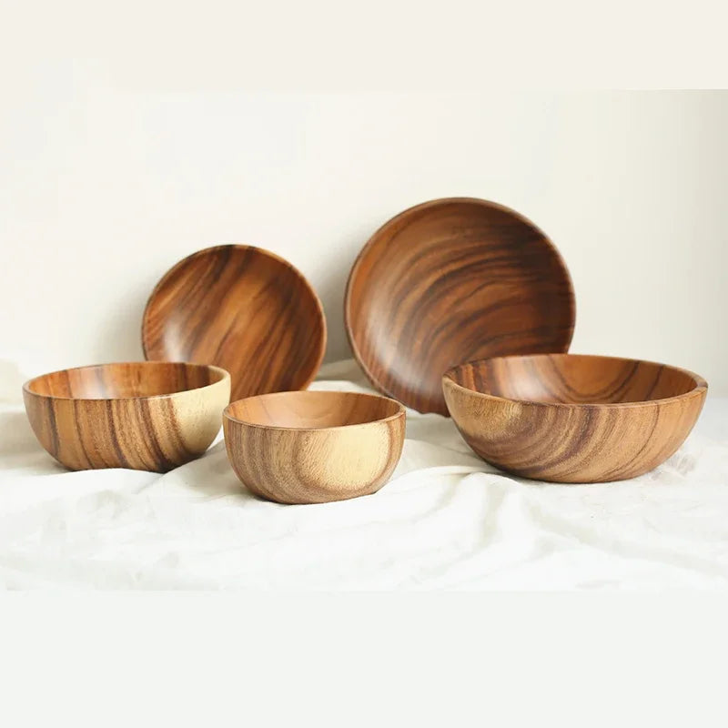 Solid Acacia Wood Bowl | Hand-Crafted Japanese-Style Wooden Salad & Serving Bowl