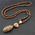 Boho Handmade Nepal Buddhist Mala Wood Bead Long Pendant Necklace – Unisex Ethnic Jewelry