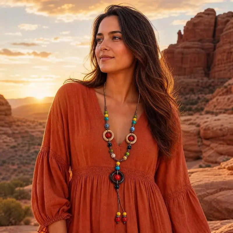 Boho Wooden Beaded Long Pendant Sweater Chain Necklace – Handmade Ethnic Style