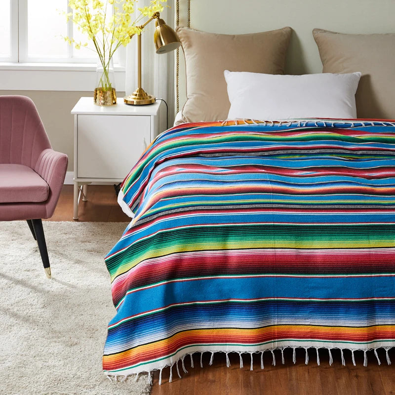 Boho Ethnic Tassel Throw Blanket | Striped Cotton-Blend Beach & Picnic Blanket