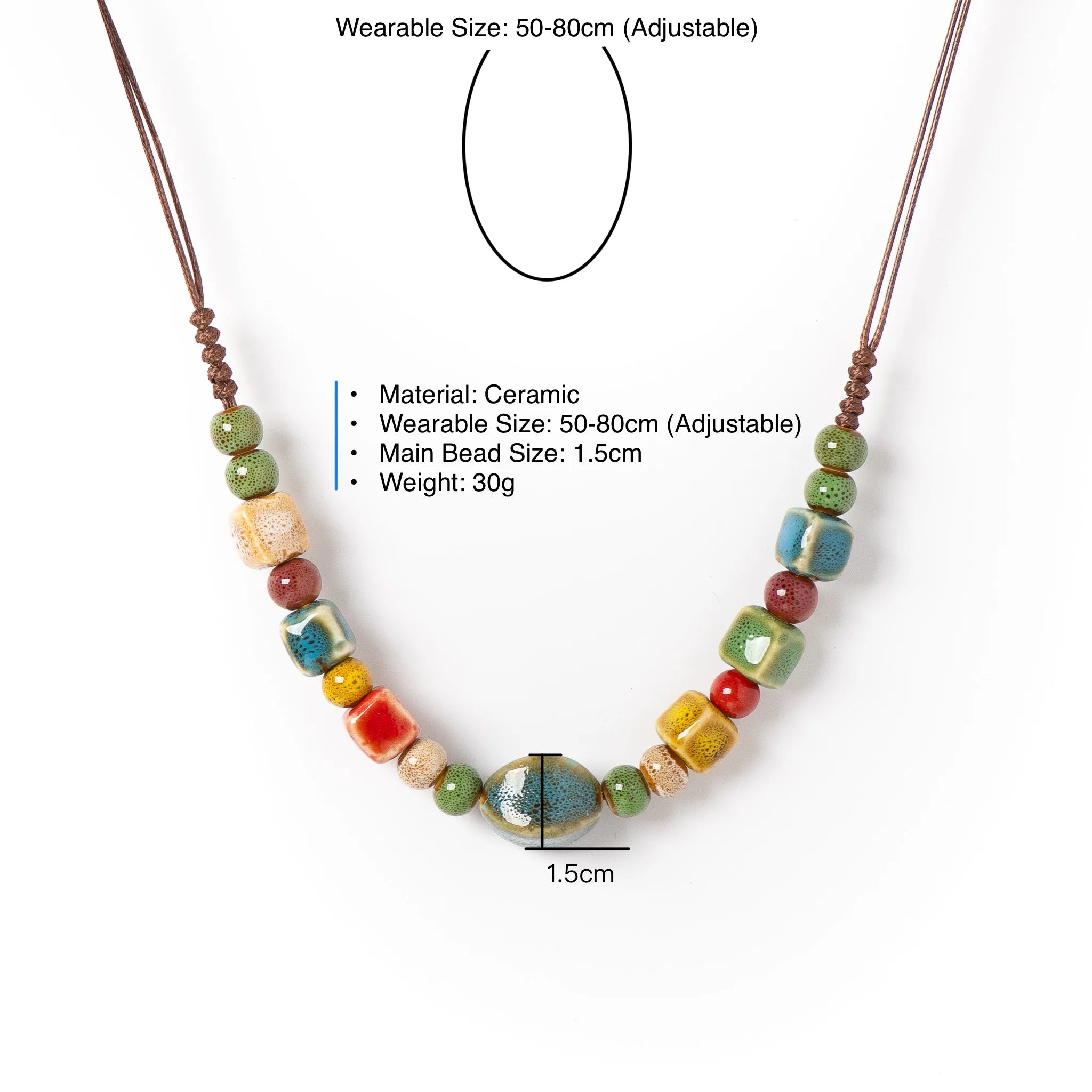 Boho Ceramic Beaded Long Pendant Necklace – Adjustable Handmade Ethnic Jewelry