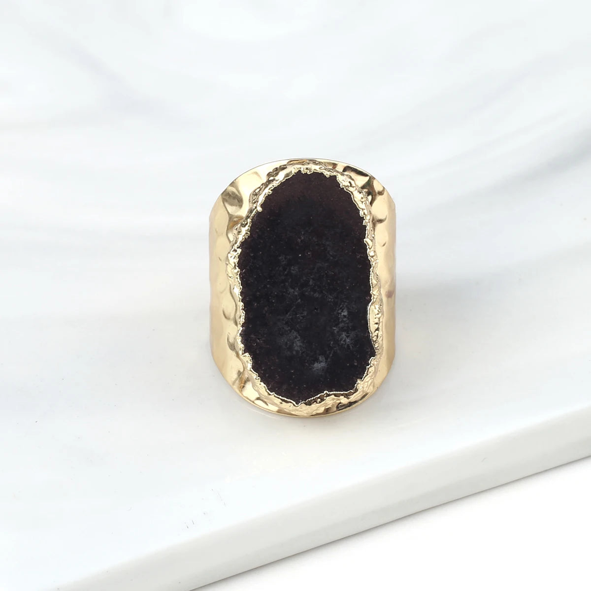 Boho Natural Agate Stone Sunflower Wide Open Ring – Gold Plated Adjustable in 6 Colors