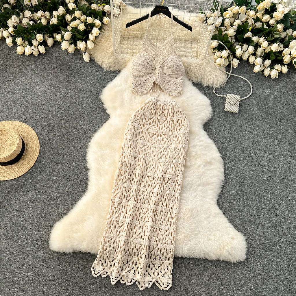 Boho Lace-Up Cami & Maxi Knit Skirt Set | 2-Piece Beach Co-ord