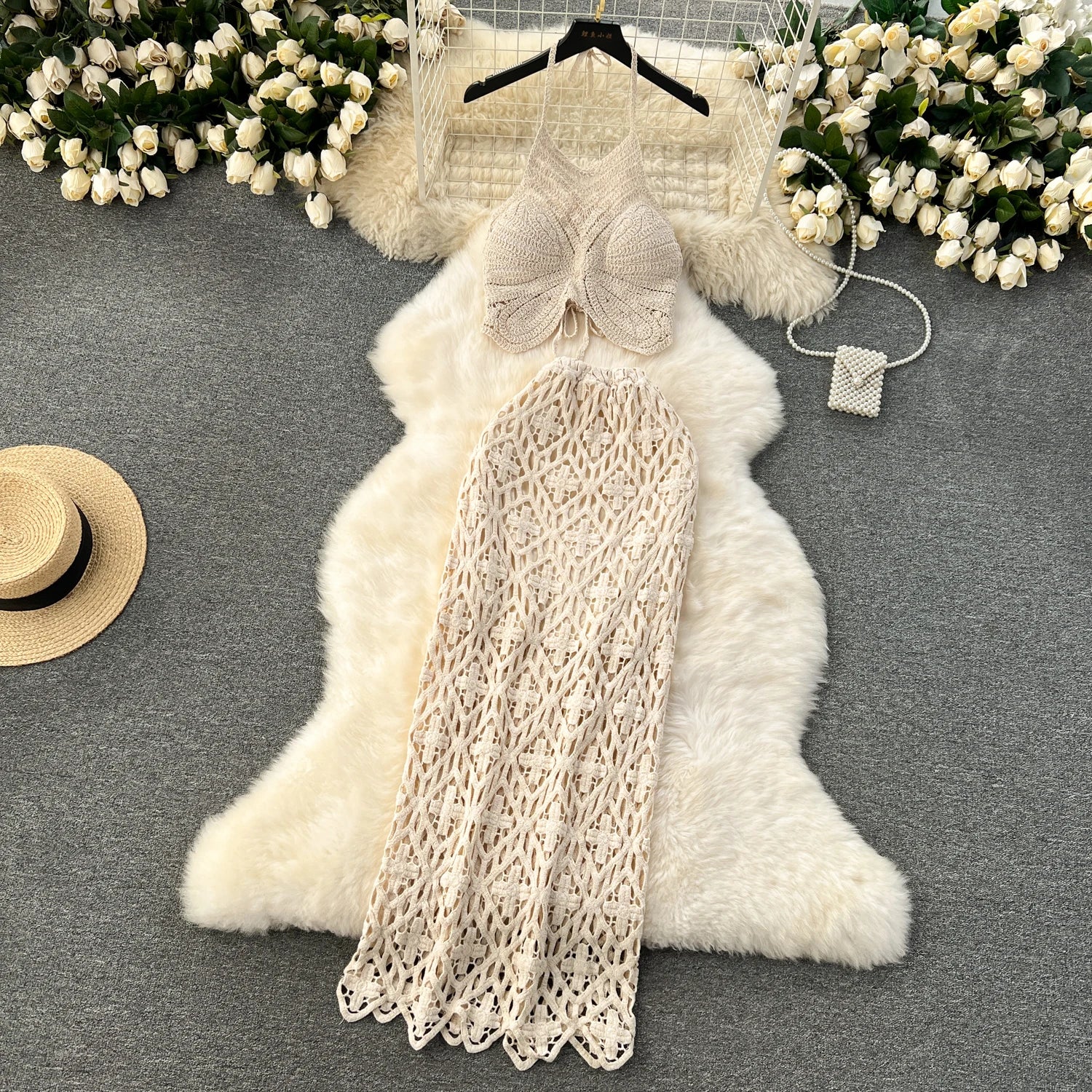 Boho Lace-Up Cami & Maxi Knit Skirt Set | 2-Piece Beach Co-ord