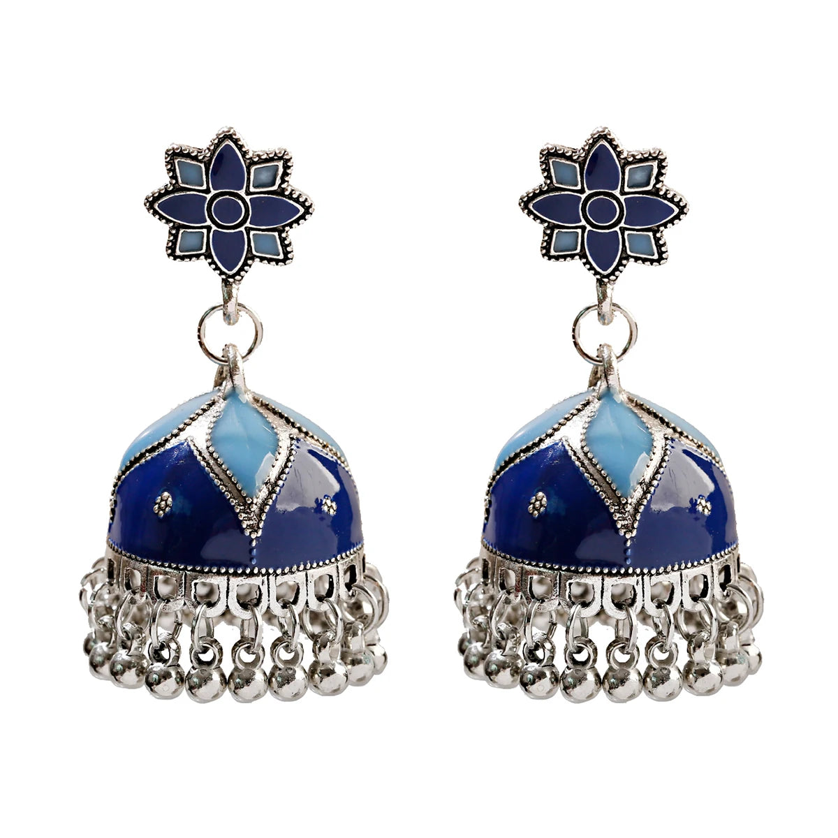 Boho Ethnic Flower Enamel & Bell Tassel Drop Earrings – Vintage Gold Crystal Bead