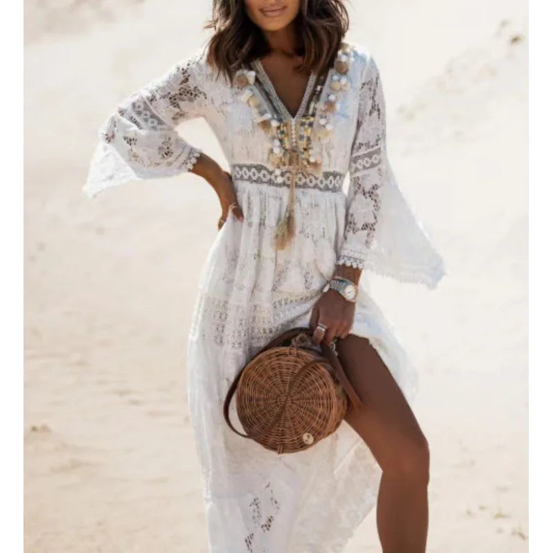 Lace Hollow-Out Boho Maxi Dress | Flare Sleeve Tassel Trim