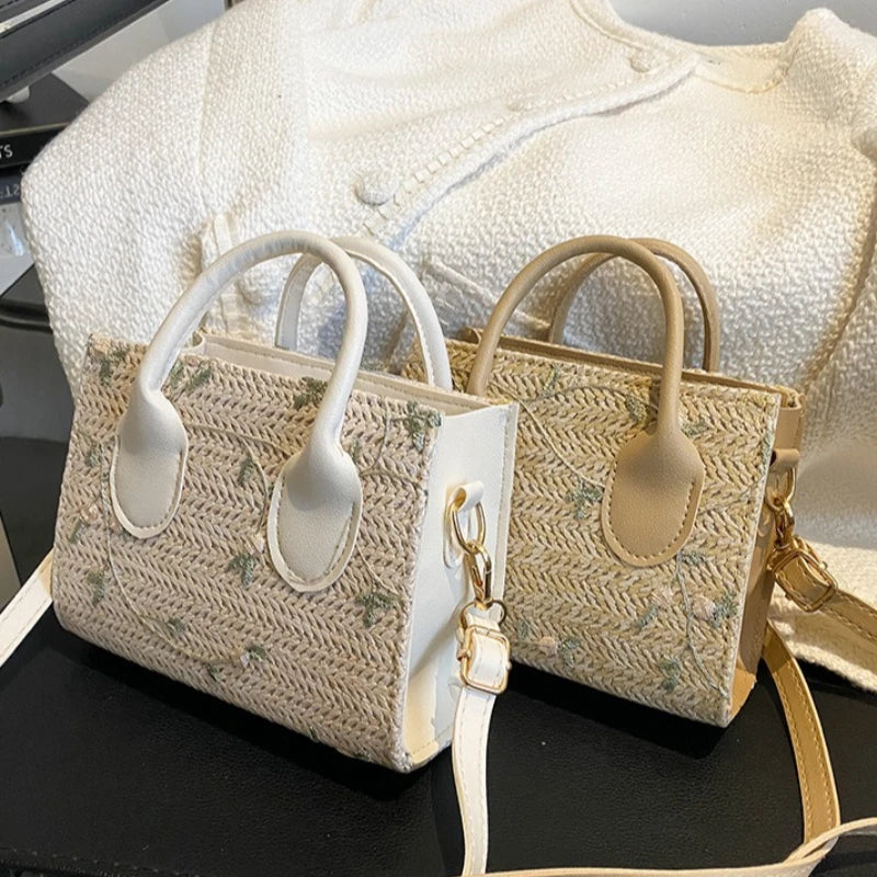 Boho Floral Embroidery Woven Handbag | Convertible Top Handle & Crossbody Bag