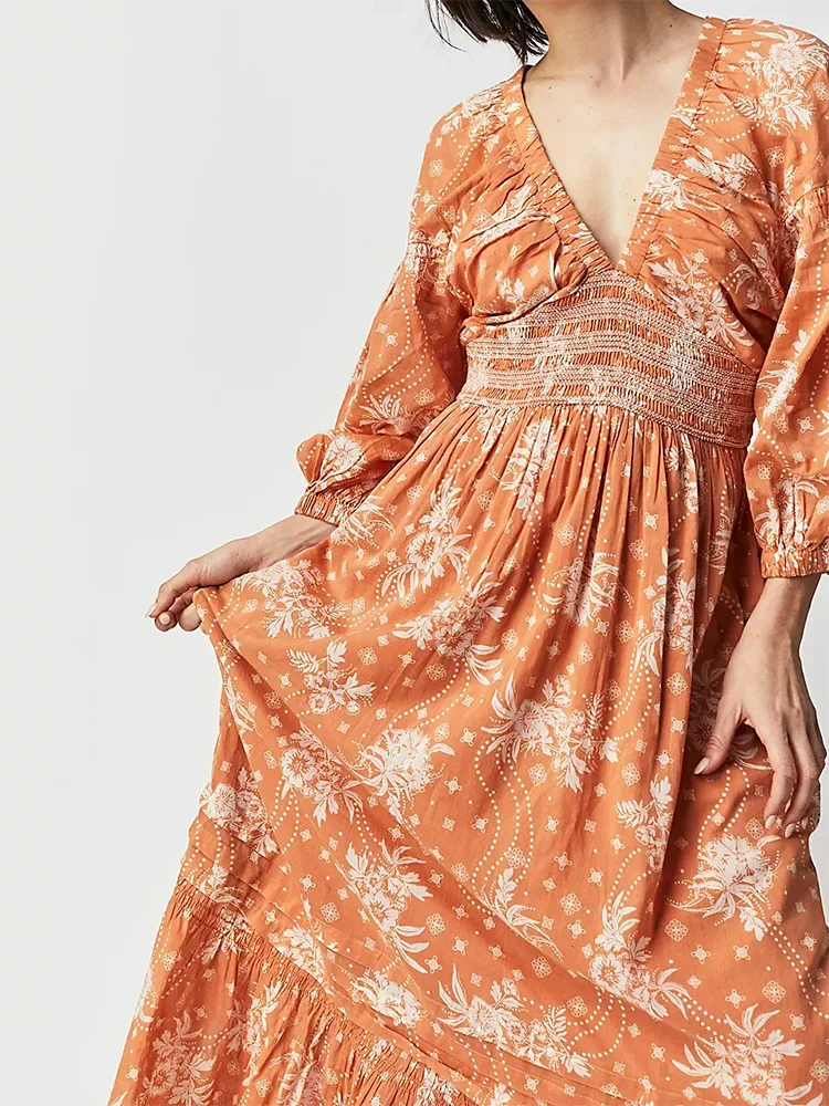 Floral Boho Midi Dress | V-Neck Puff Sleeve Hollow-Out