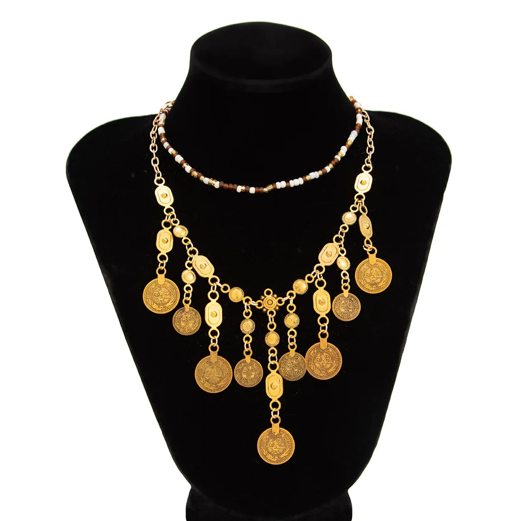 Boho Coin Pendant Necklace | Gold Rice Bead Chain with Antique Coin Dangles