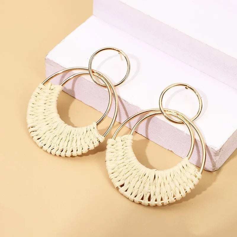 Boho Rattan Wicker Hoop Earrings – Straw Round Dangle Drop Earrings for Women