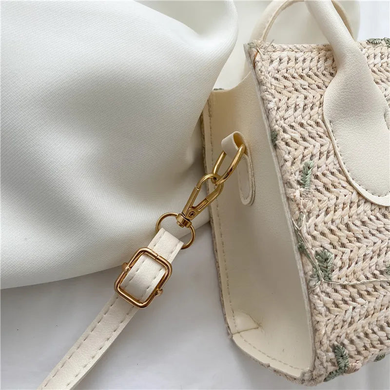 Boho Floral Embroidery Woven Handbag | Convertible Top Handle & Crossbody Bag