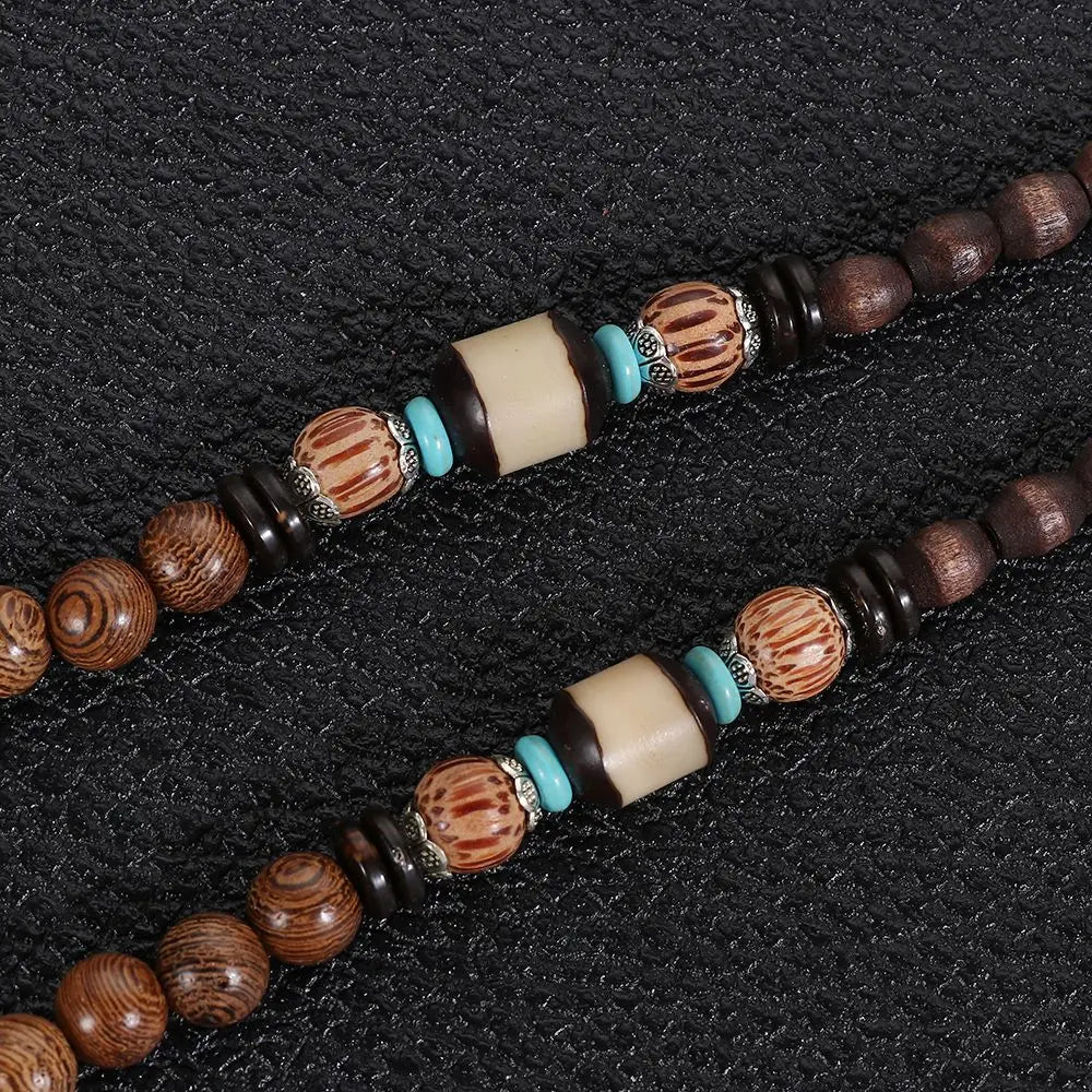 Boho Handmade Nepal Buddhist Mala Wood Bead Long Pendant Necklace – Unisex Ethnic Jewelry