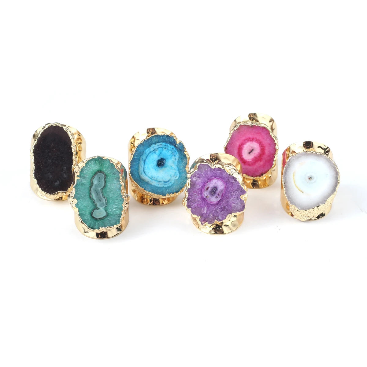 Boho Natural Agate Stone Sunflower Wide Open Ring – Gold Plated Adjustable in 6 Colors