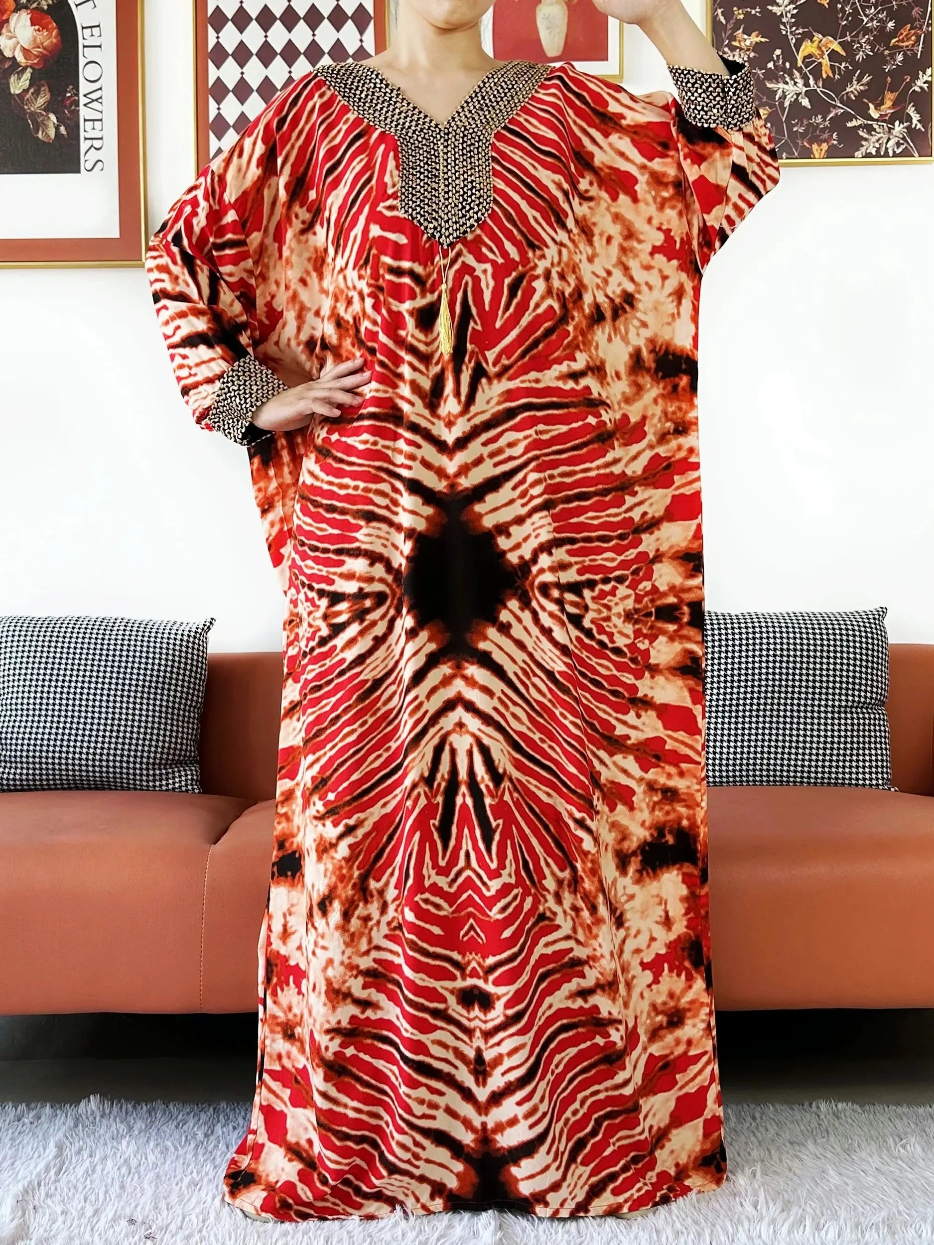 Embroidered Cotton Abaya Maxi Dress | Boho Long Sleeve V-Neck
