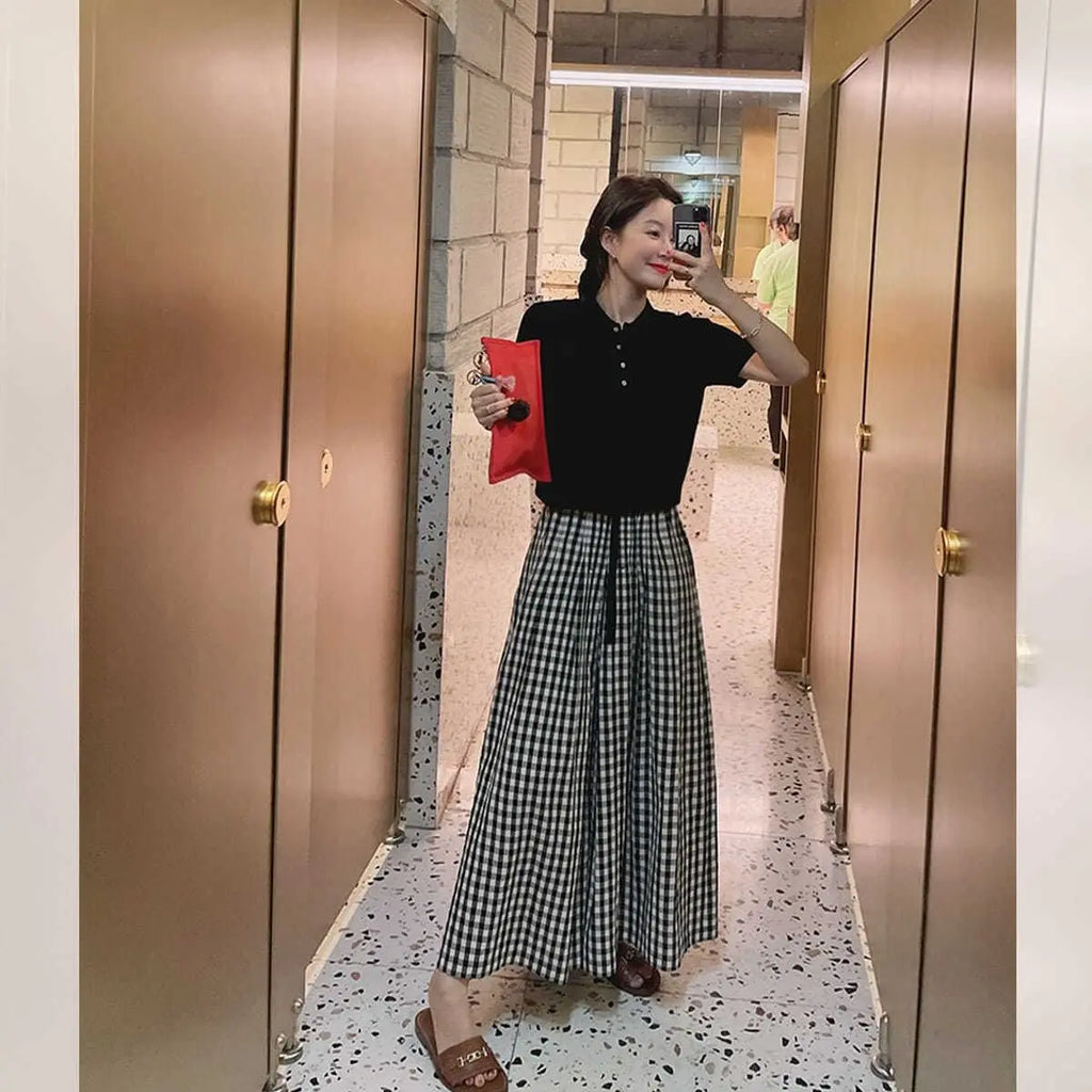 Plaid Wide Leg Pants Women Baggy Korean Style Panelled Temper Trousers Streetwear Pantalones Clothes Summer A-line Teens College