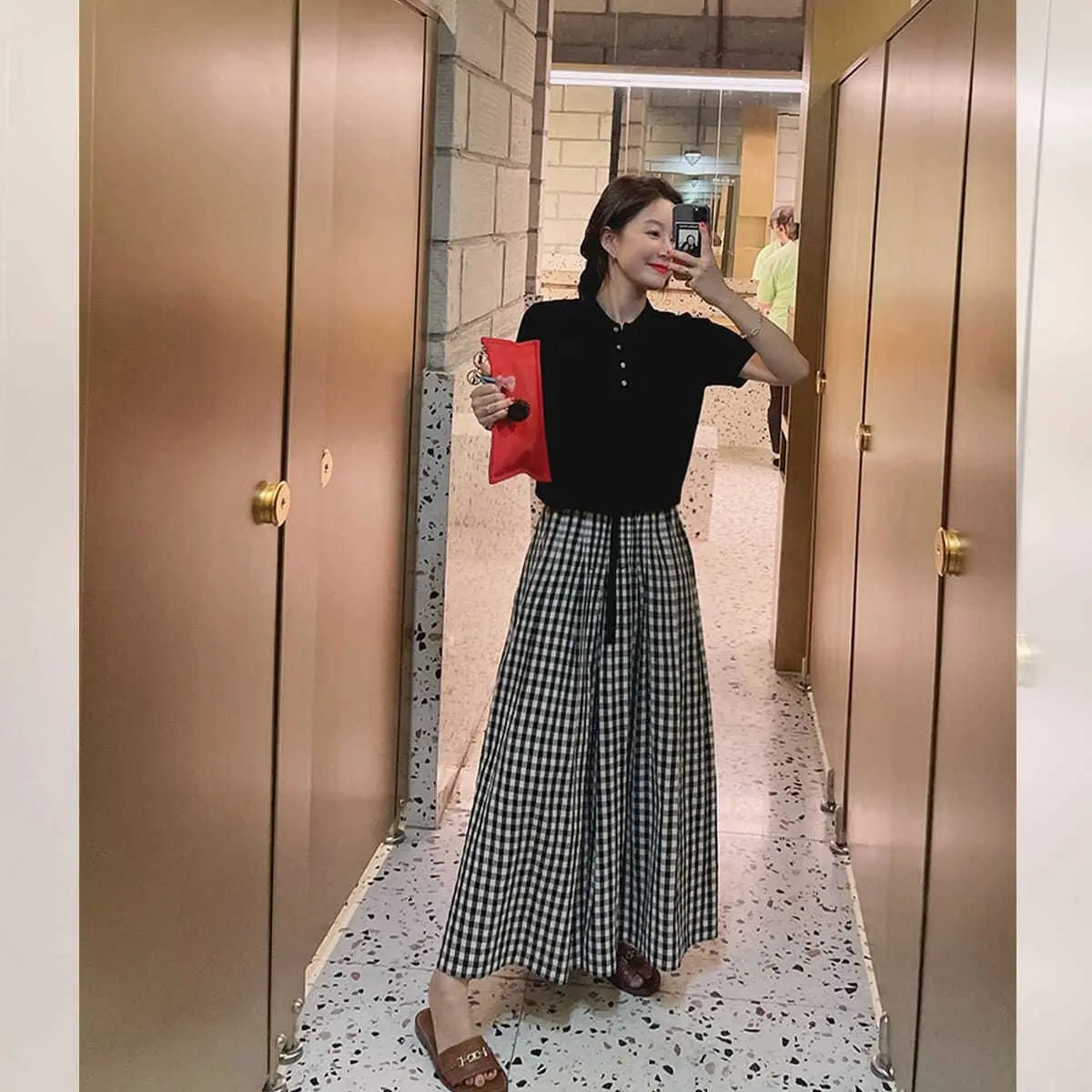 Plaid Wide Leg Pants Women Baggy Korean Style Panelled Temper Trousers Streetwear Pantalones Clothes Summer A-line Teens College