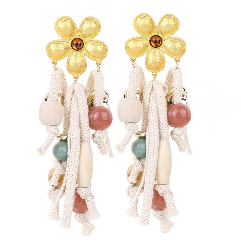 Boho Flower & Rope Dangle Earrings – Handmade Statement Jewelry