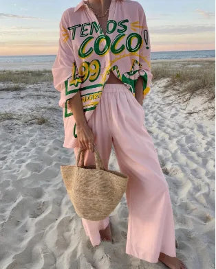 Boho Print Shirt & Pants Set | Loose Long Sleeve Button-Up Co-ord