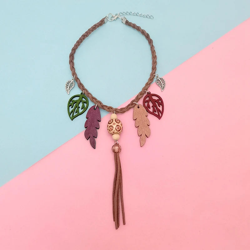 Boho Tassel & Leaf Pendant Choker Necklace – Ethnic Vintage Short Necklace