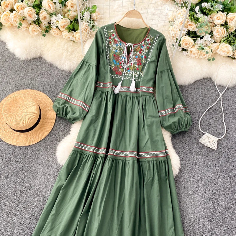 Embroidered Lantern Sleeve Boho Midi Dress | Lace-Up A-Line