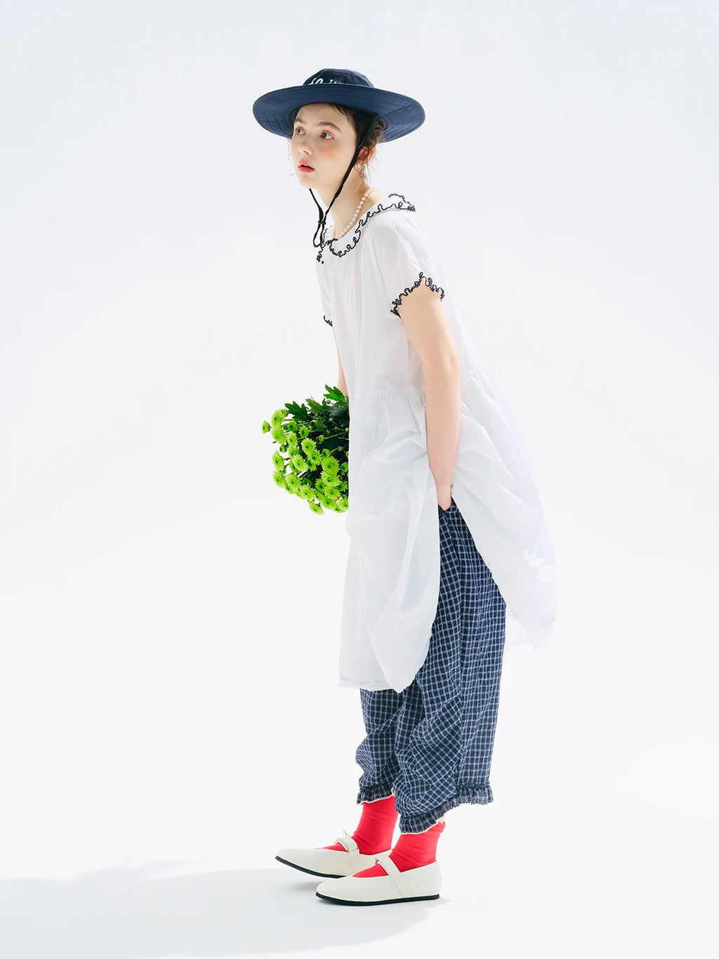 Women's Blue Plaid Wide Leg Pants – Casual Elastic Waist Trousers