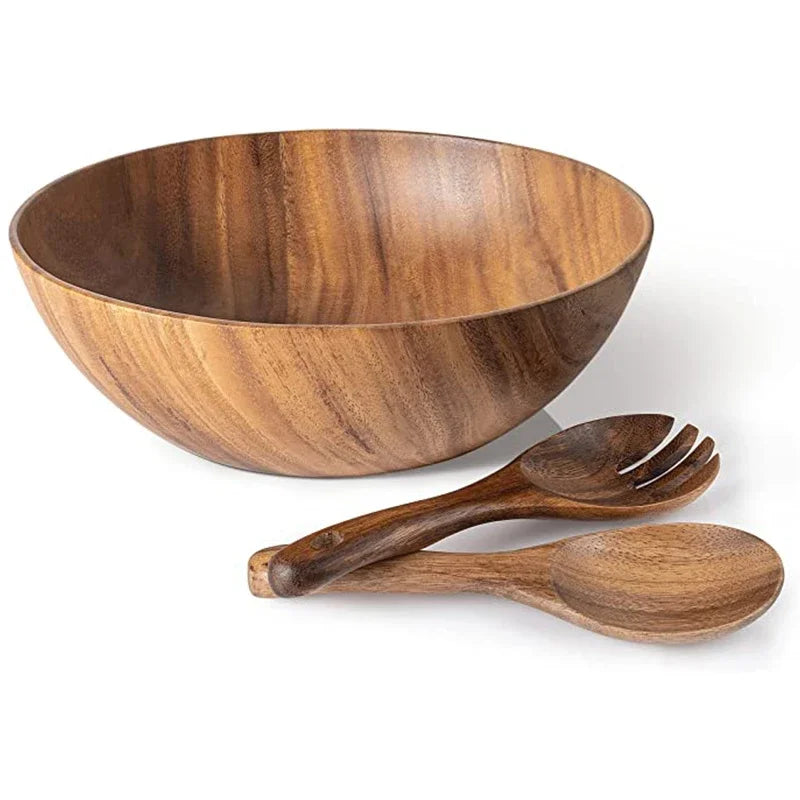 Solid Acacia Wood Bowl | Hand-Crafted Japanese-Style Wooden Salad & Serving Bowl