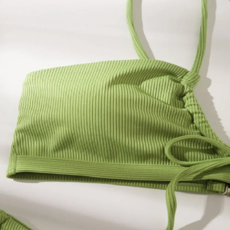 Green & Black Ribbed Bikini Set – Two-Piece Tie Thong Swimsuit