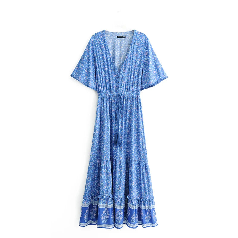 Boho Tassel Maxi Dress | Floral Print V-Neck Batwing Sleeve