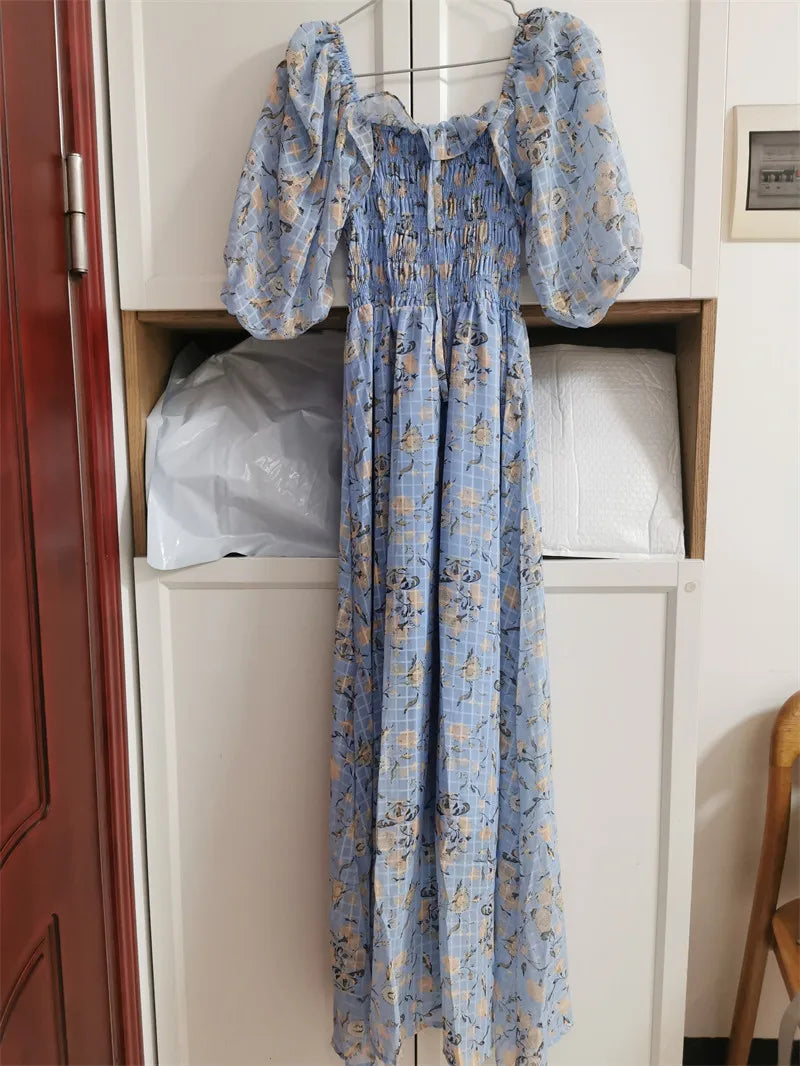 Backless Boho Maxi Dress | Puff Sleeve Empire Waist A-Line