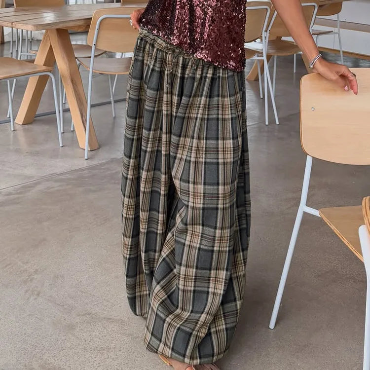 Fashion Loose Plaid Women's Pants 2026 Vintage High Waist Wide Trousers Elegant Classic Pants Female Clothing Streetwear